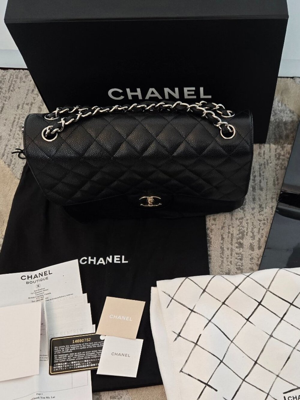 Excellent Condition Chanel Large/Jumbo in Black Caviar leather with silver hardw
